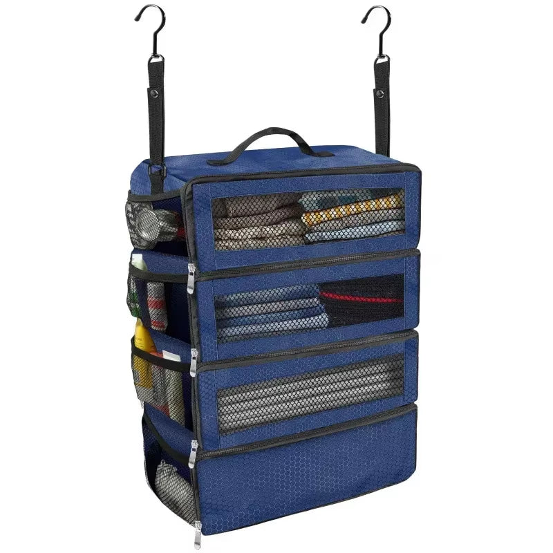 Hanging suitcase shelves in blue