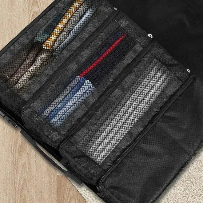 The shelves packed inside an open suitcase