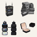 The four pieces in the set: hanging shelves, packing cubes, toiletry bag and jewelry case
