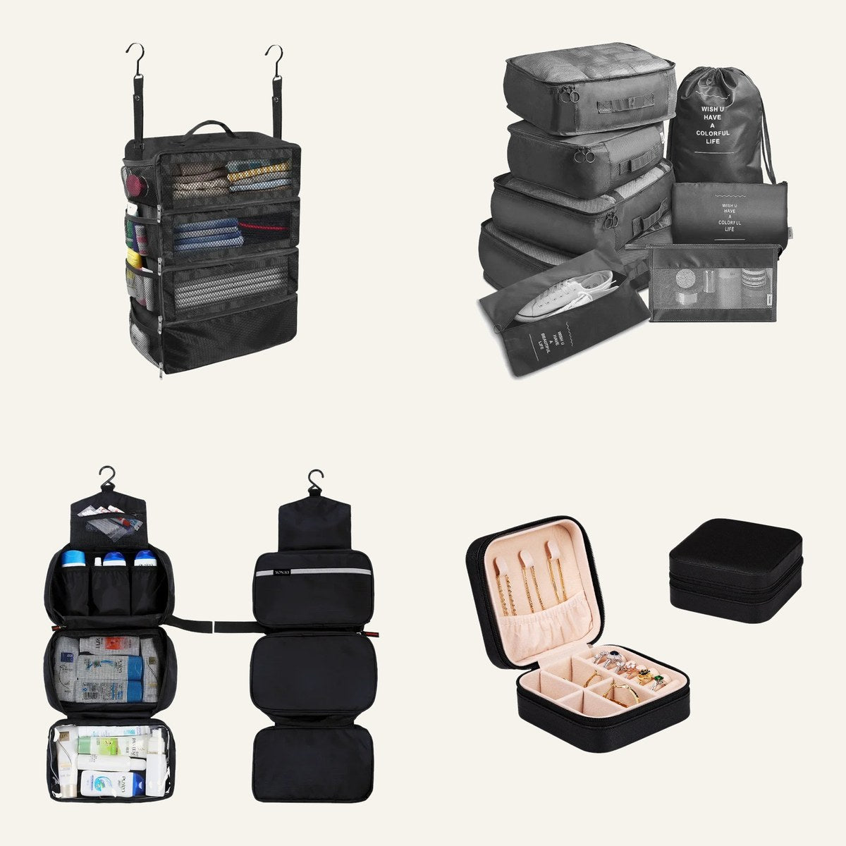 The four pieces in the set: hanging shelves, packing cubes, toiletry bag and jewelry case