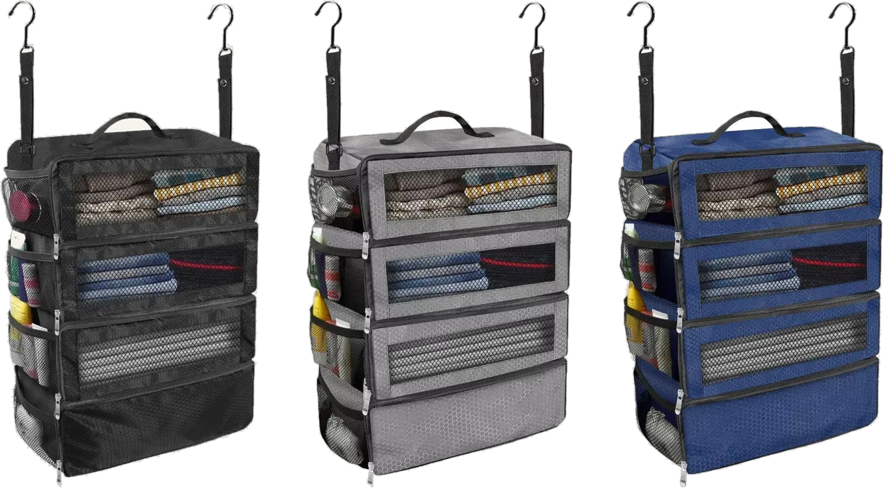 Hanging suitcase shelves in black, gray and blue